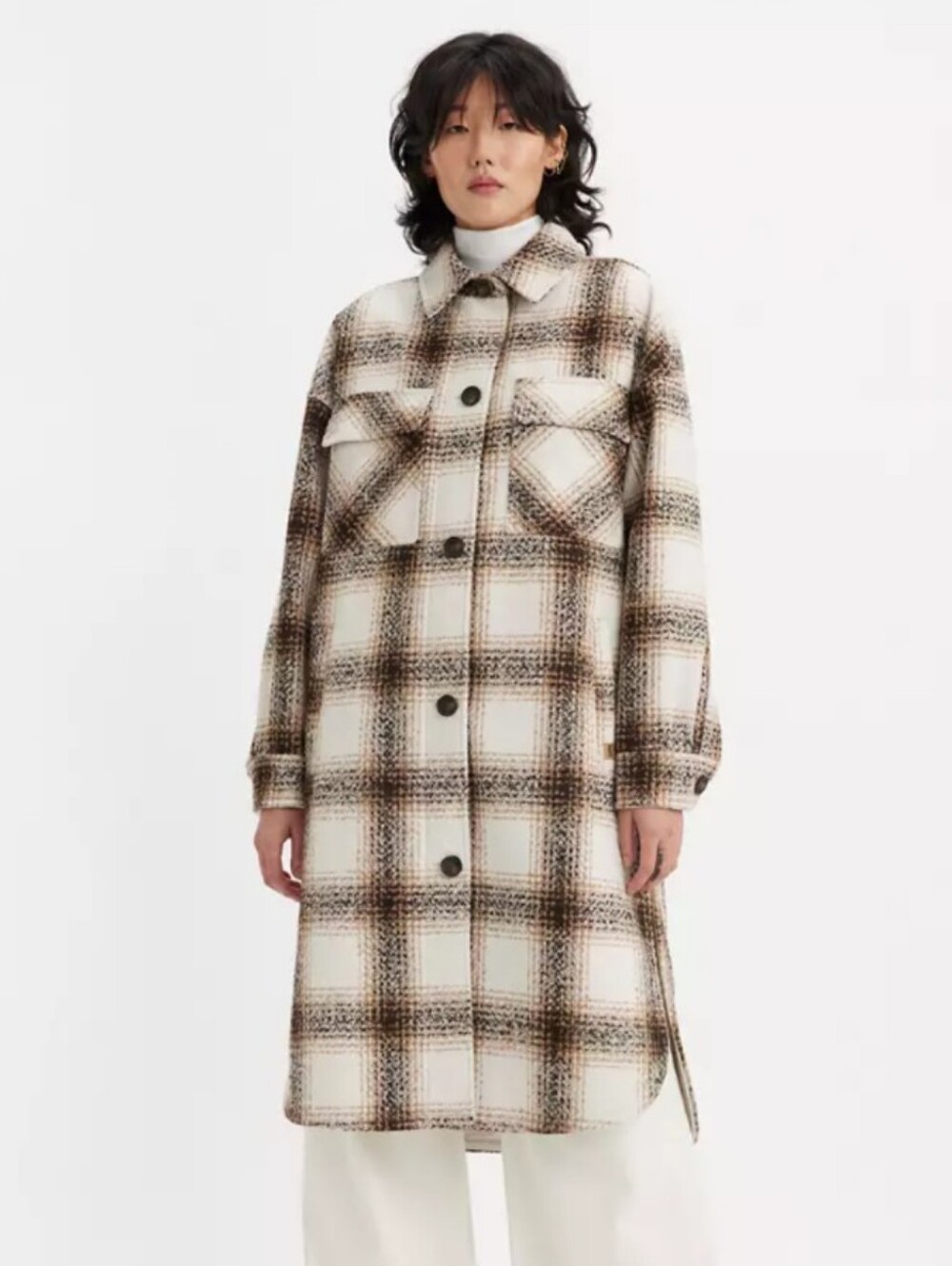 Levi's Plaid Wool Blend Long Shacket Coat Womens Cream Brown Zip Button Front